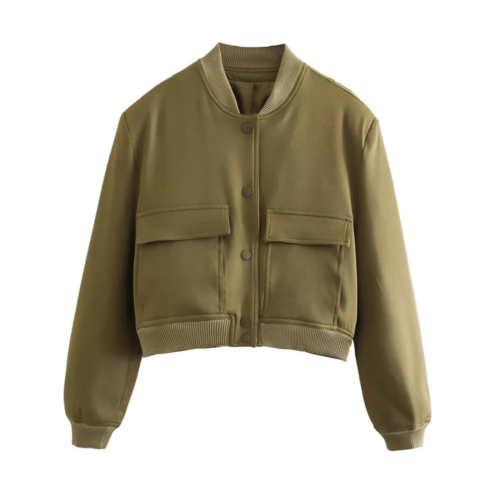 Women's Classic Button-Front Bomber Jacket with Pockets