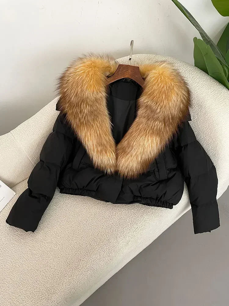 Luxury Women's Short Puffer Jacket with Natural Fox Fur Collar