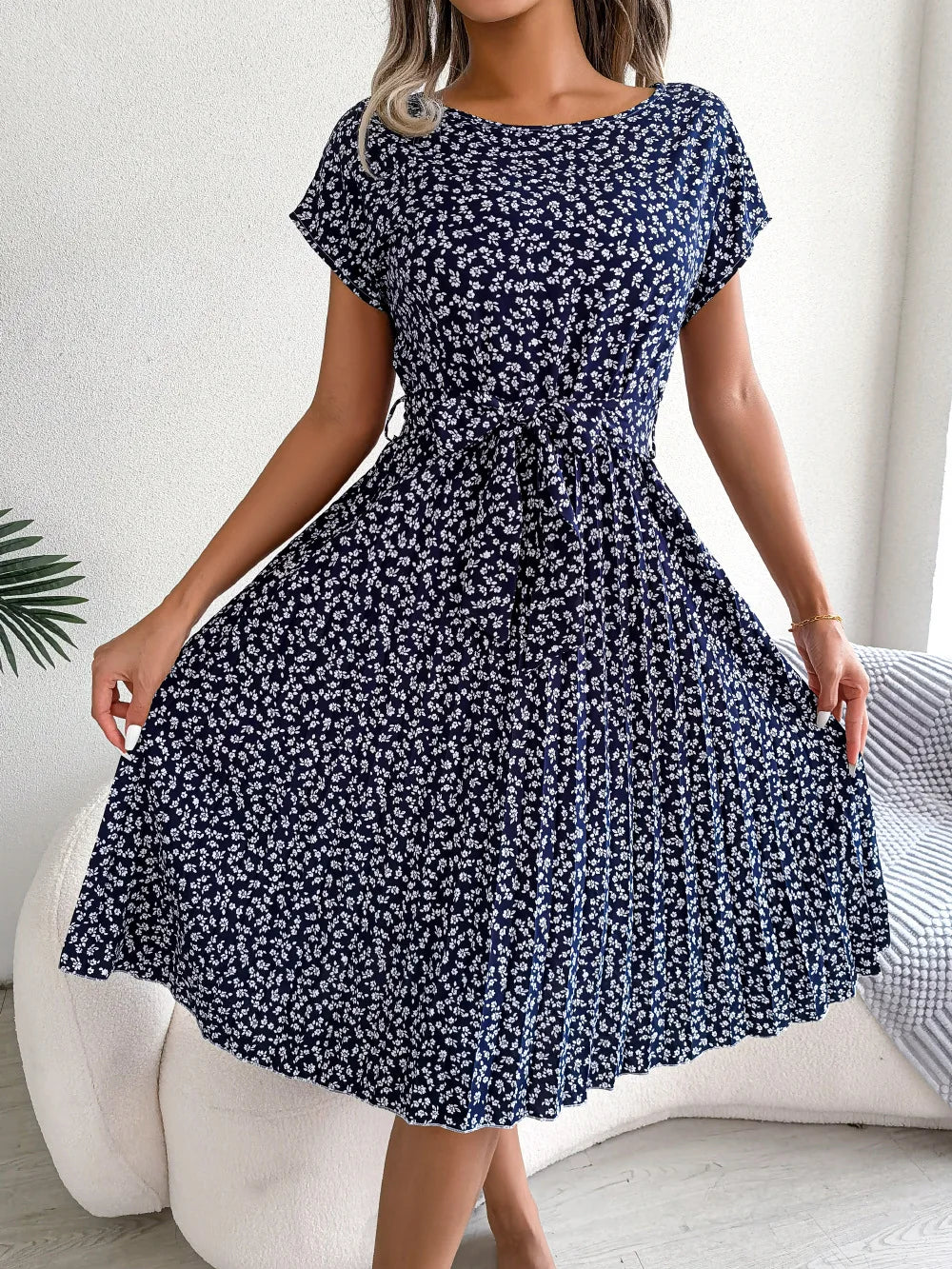 Floral Pleated Short Sleeve High Waist Chic Dress