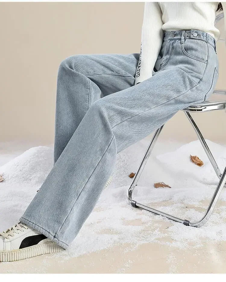 High-Waisted Fleece-Lined Wide Leg Jean Pants