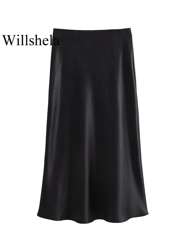 Elegant Satin Solid Pleated Midi Skirt