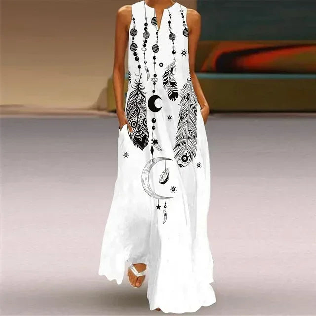 Vintage Maxi Pocket Loose Casual Print A-Line Dress