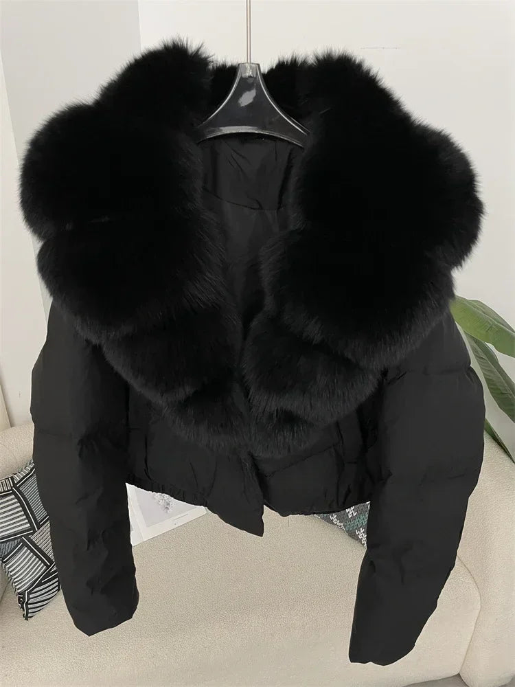 Luxury Women's Short Puffer Jacket with Natural Fox Fur Collar