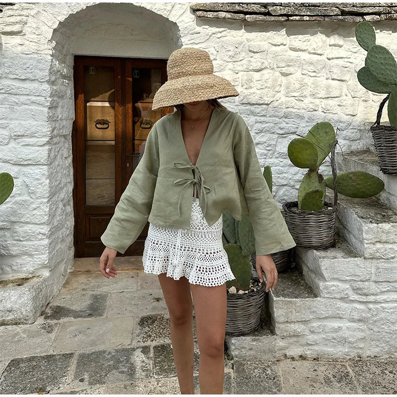 Elegant V-Neck Cotton Linen Blouse