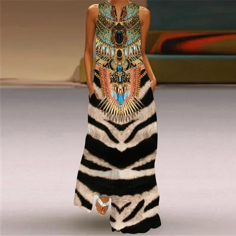 Vintage Maxi Pocket Loose Casual Print A-Line Dress