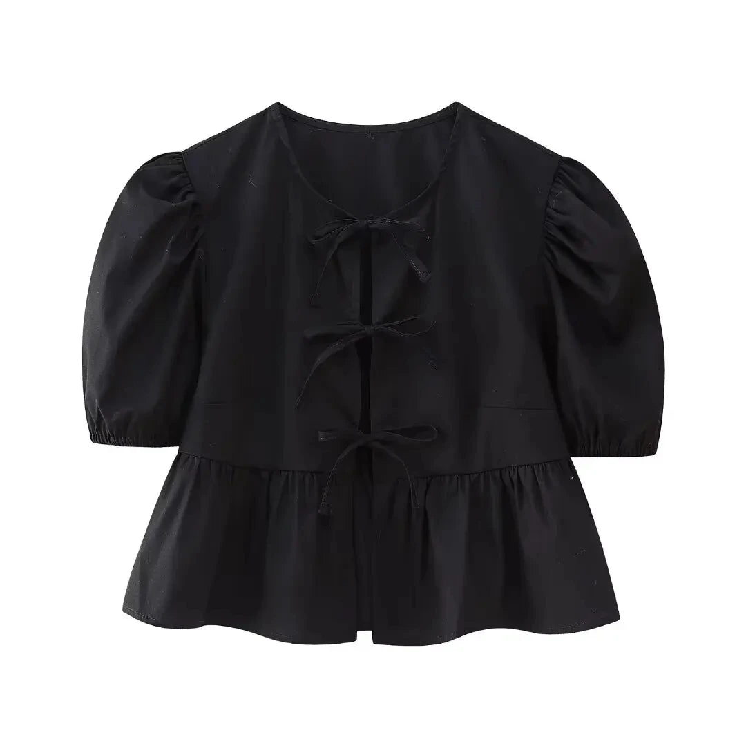 Women's Lace-Up Puff Sleeve Blouse