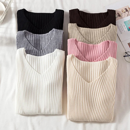 Women's Long Sleeve Knitted V Neck Pullover Sweater