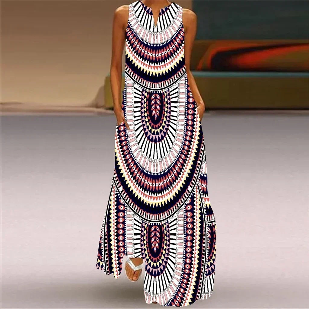 Vintage Maxi Pocket Loose Casual Print A-Line Dress