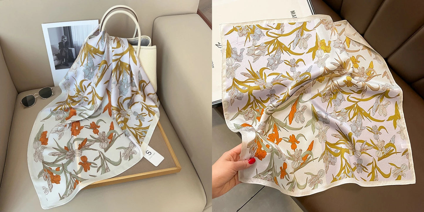 Elegant Floral Silk-Feel Square Scarf - 60-80cm Versatile Women's Neck Scarf