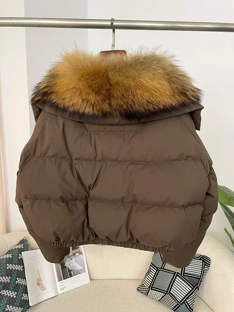 Luxury Women's Short Puffer Jacket with Natural Fox Fur Collar