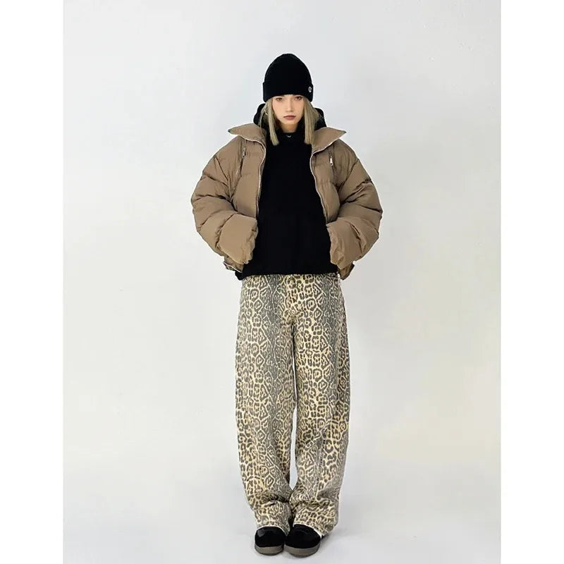 High-Waist Vintage Leopard Print Denim Jeans