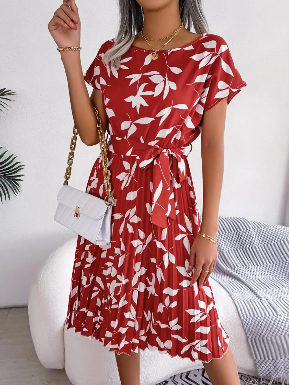 Floral Pleated Short Sleeve High Waist Chic Dress