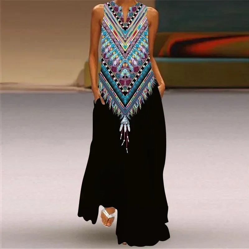 Vintage Maxi Pocket Loose Casual Print A-Line Dress