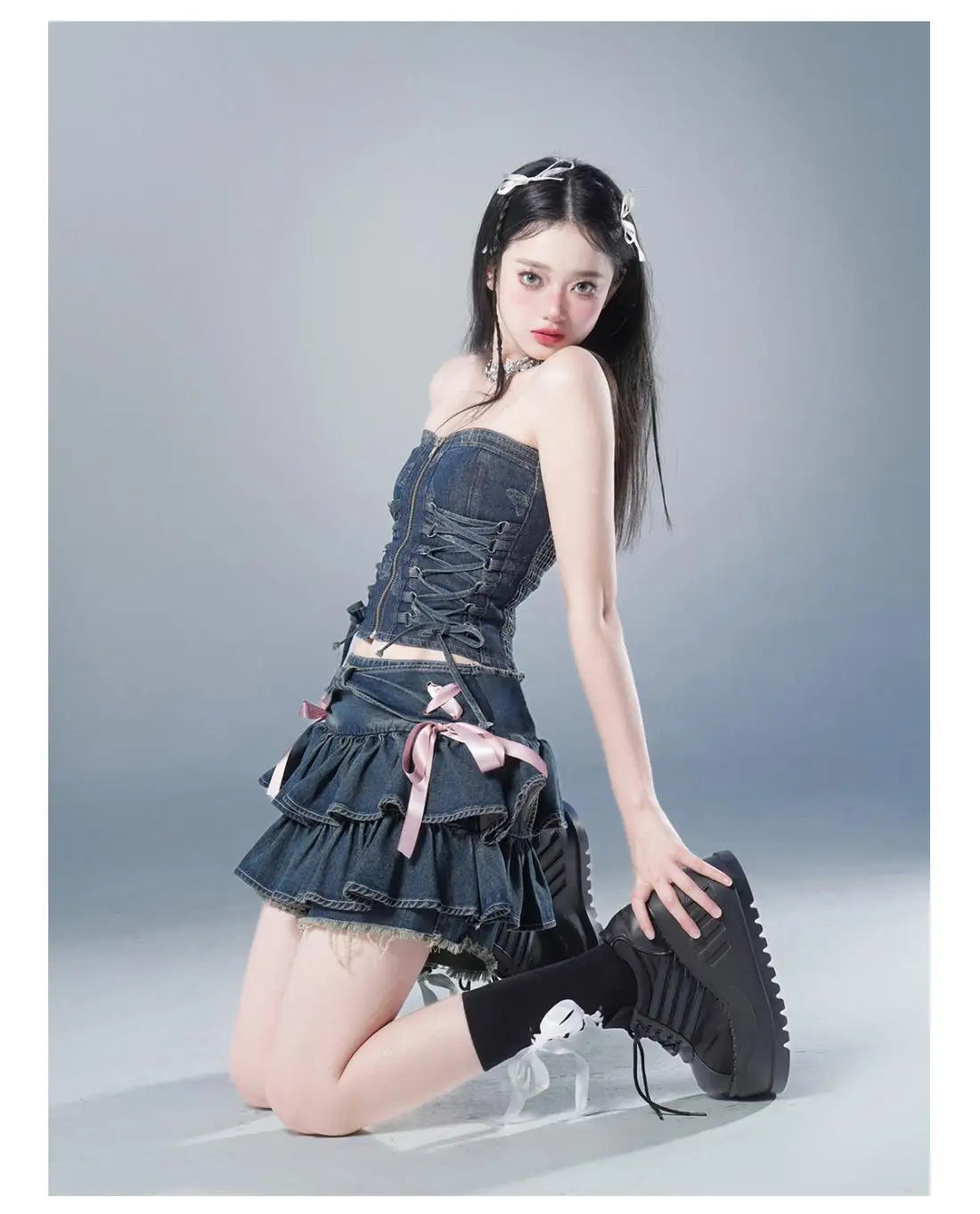 High-Waist A-Line Mini Denim Skirt with Bow Detail