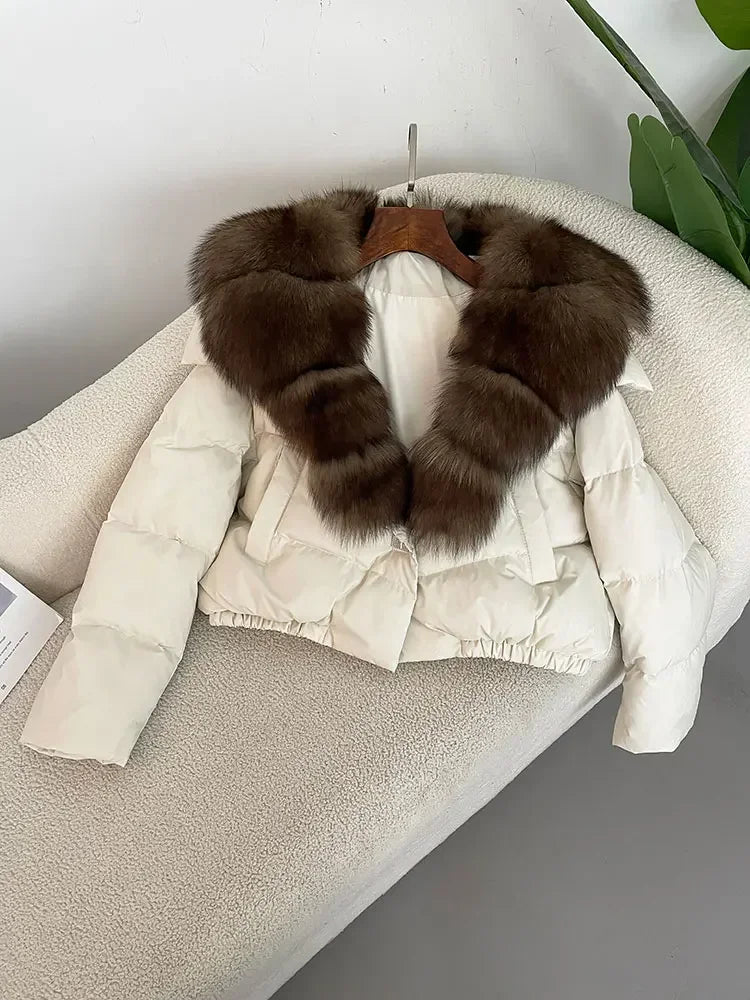 Luxury Women's Short Puffer Jacket with Natural Fox Fur Collar