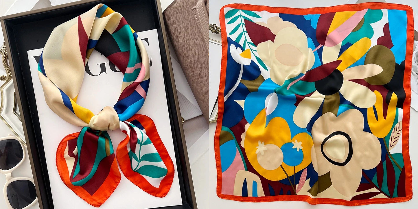 Elegant Floral Silk-Feel Square Scarf - 60-80cm Versatile Women's Neck Scarf