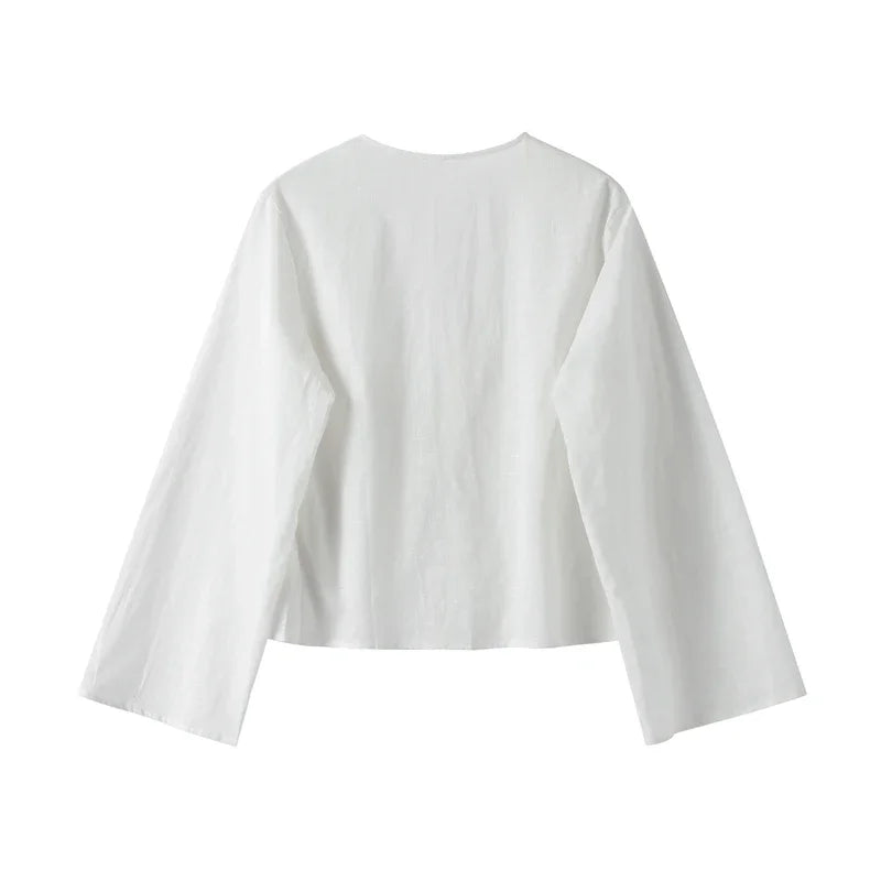 Elegant V-Neck Cotton Linen Blouse