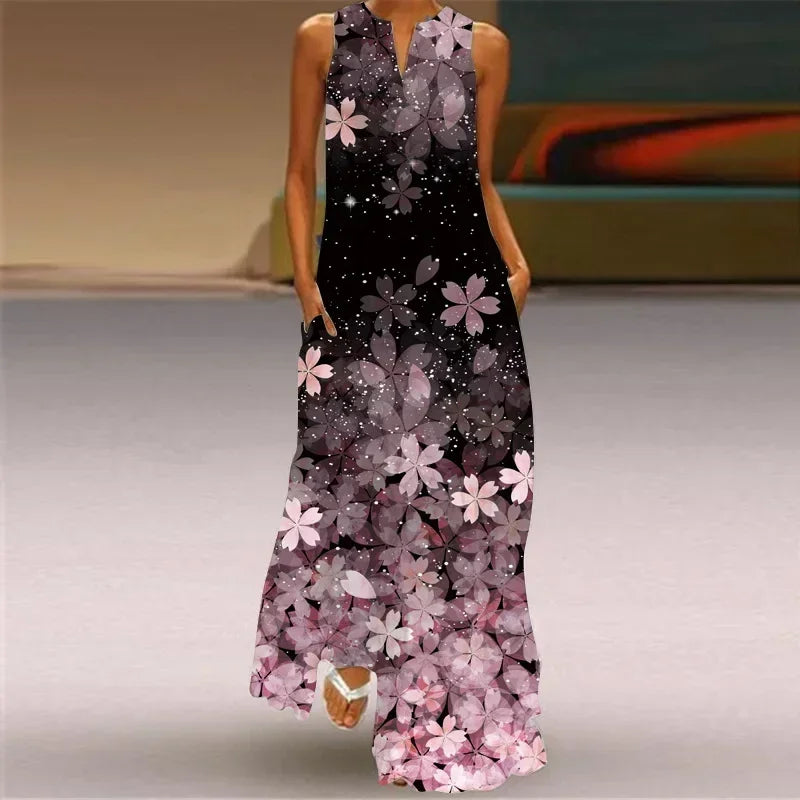 Vintage Maxi Pocket Loose Casual Print A-Line Dress