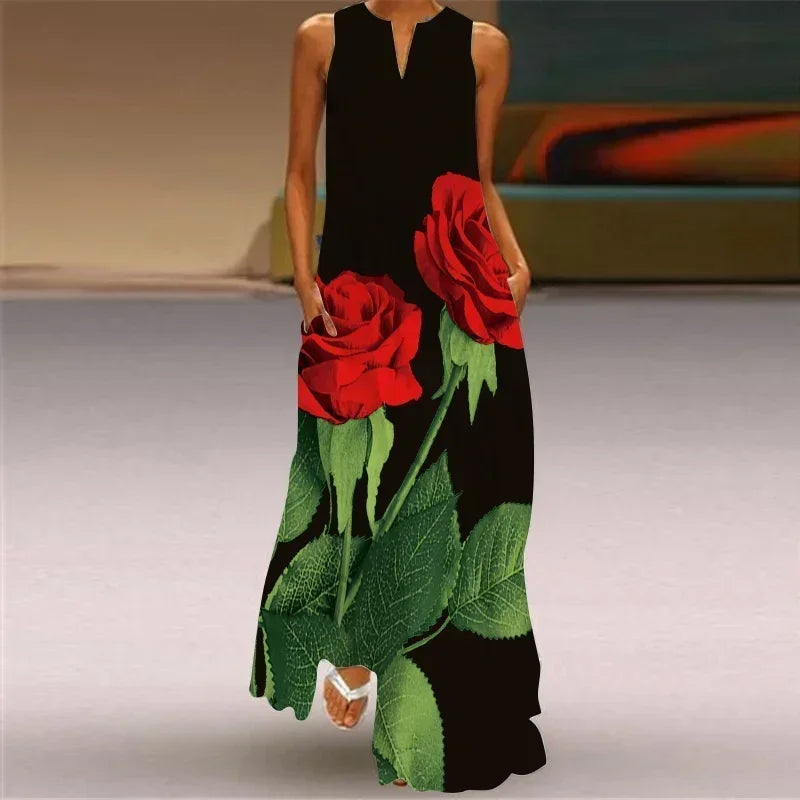Vintage Maxi Pocket Loose Casual Print A-Line Dress