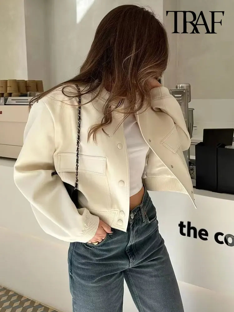 Women's Classic Button-Front Bomber Jacket with Pockets