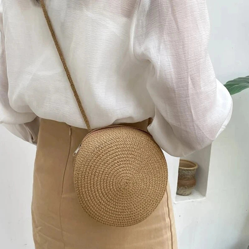Handwoven Round Straw Crossbody Bag