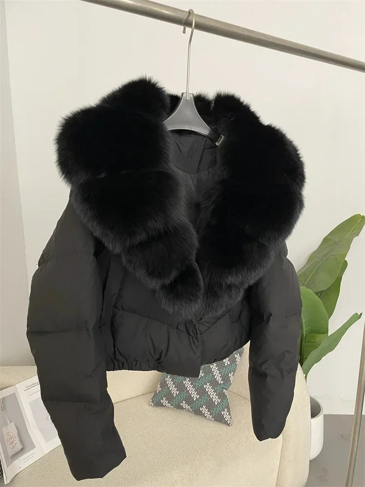 Luxury Women's Short Puffer Jacket with Natural Fox Fur Collar