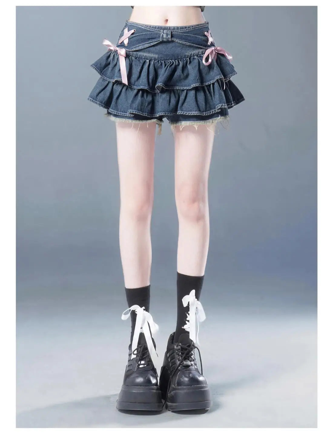 High-Waist A-Line Mini Denim Skirt with Bow Detail