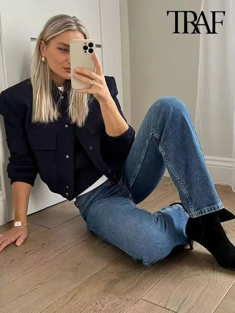 Women's Classic Button-Front Bomber Jacket with Pockets