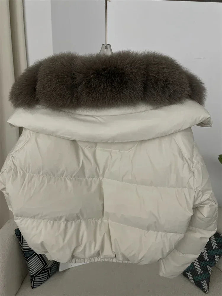 Luxury Women's Short Puffer Jacket with Natural Fox Fur Collar