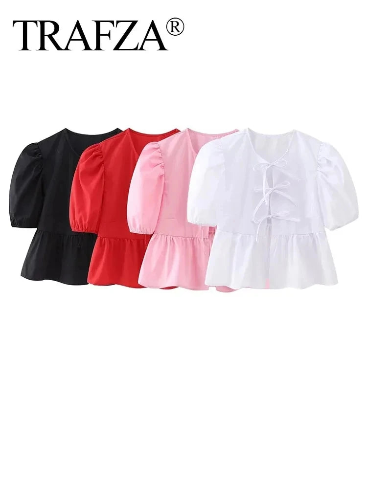 Women's Lace-Up Puff Sleeve Blouse