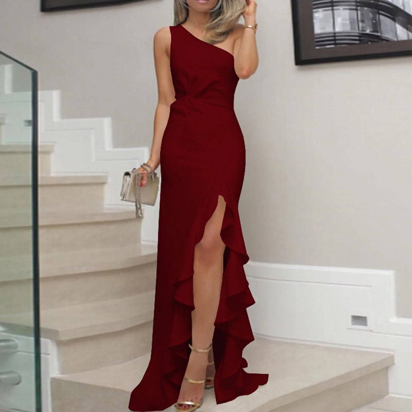 Hot One Shoulder Ruffle Formal Dress