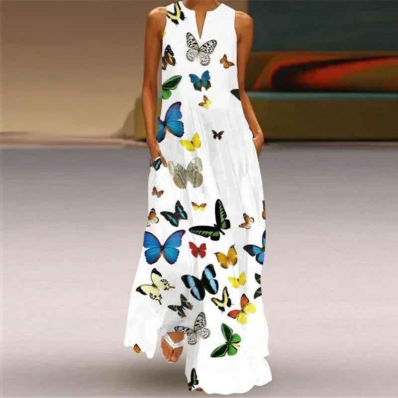 Vintage Maxi Pocket Loose Casual Print A-Line Dress