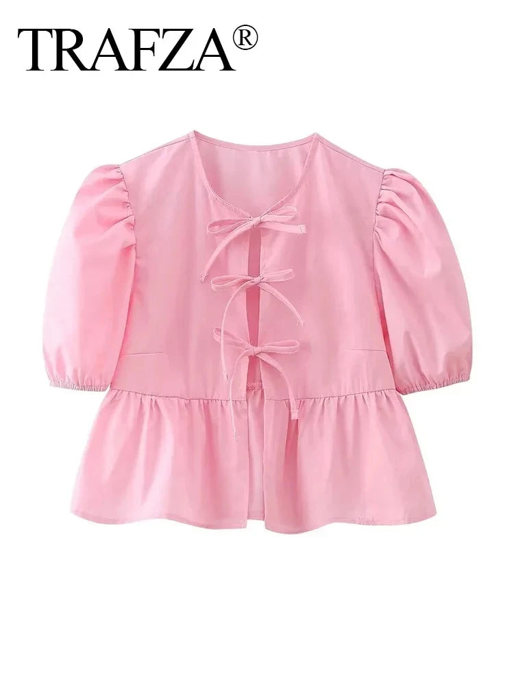 Women's Lace-Up Puff Sleeve Blouse