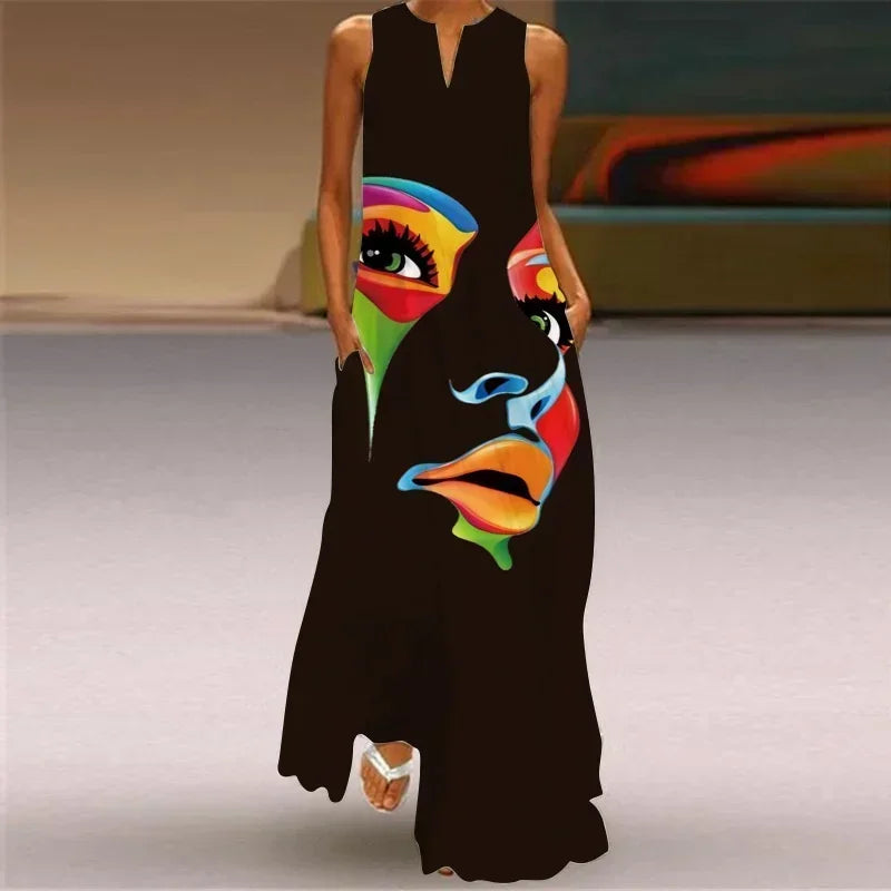 Vintage Maxi Pocket Loose Casual Print A-Line Dress