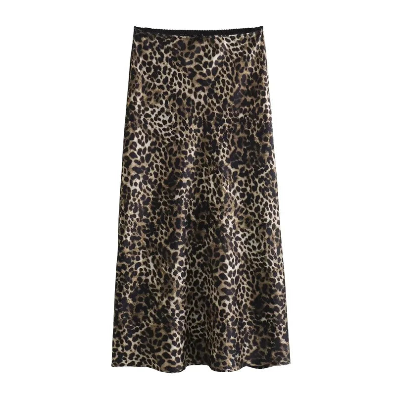 Leopard High Waist Satin Skirt