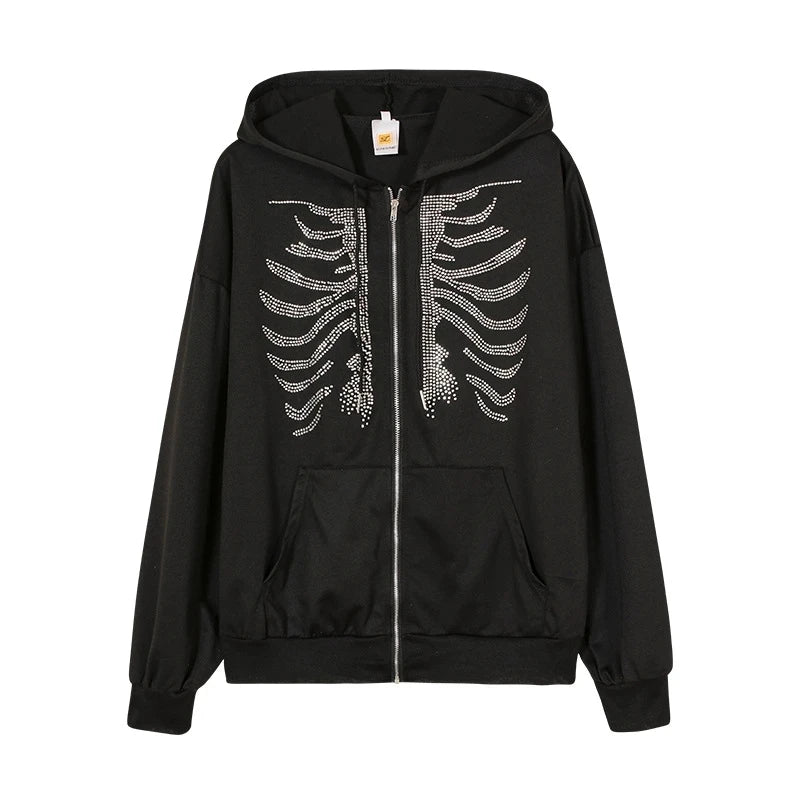 Y2K Gothic Rhinestone Skeleton Zip-Up Hoodie