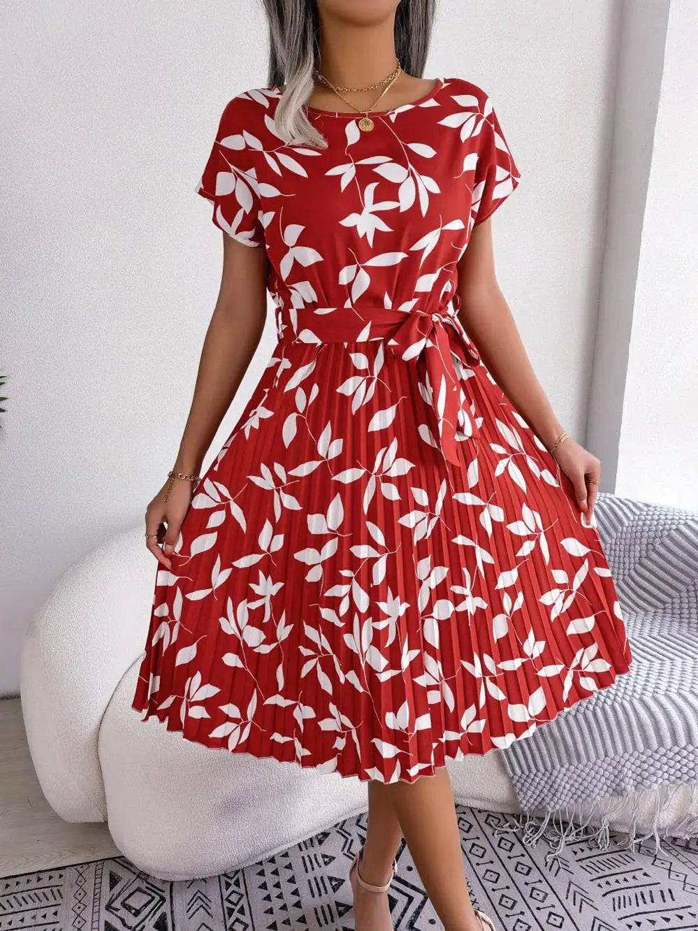 Floral Pleated Short Sleeve High Waist Chic Dress