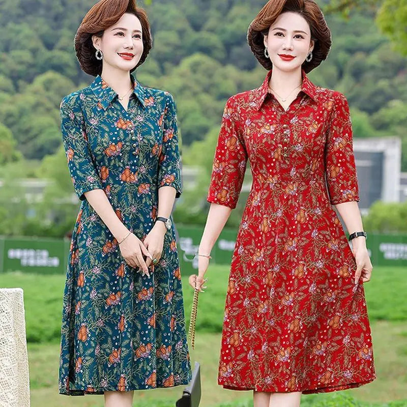 Mom's Temperament Floral Dress High-end Middle-aged and Elderly Women's Western-style Look Slim and Long Over the Knee Skirt