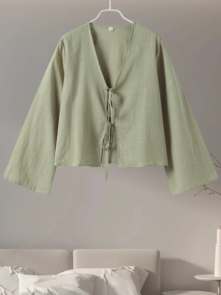 Elegant V-Neck Cotton Linen Blouse