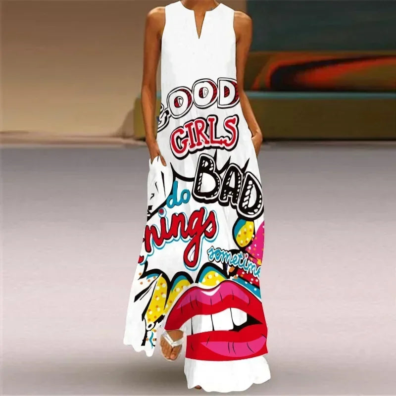 Vintage Maxi Pocket Loose Casual Print A-Line Dress
