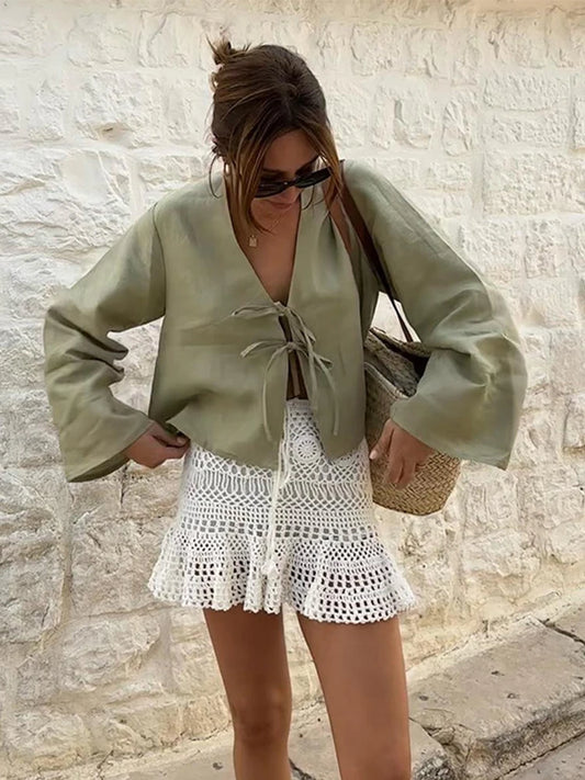 Elegant V-Neck Cotton Linen Blouse