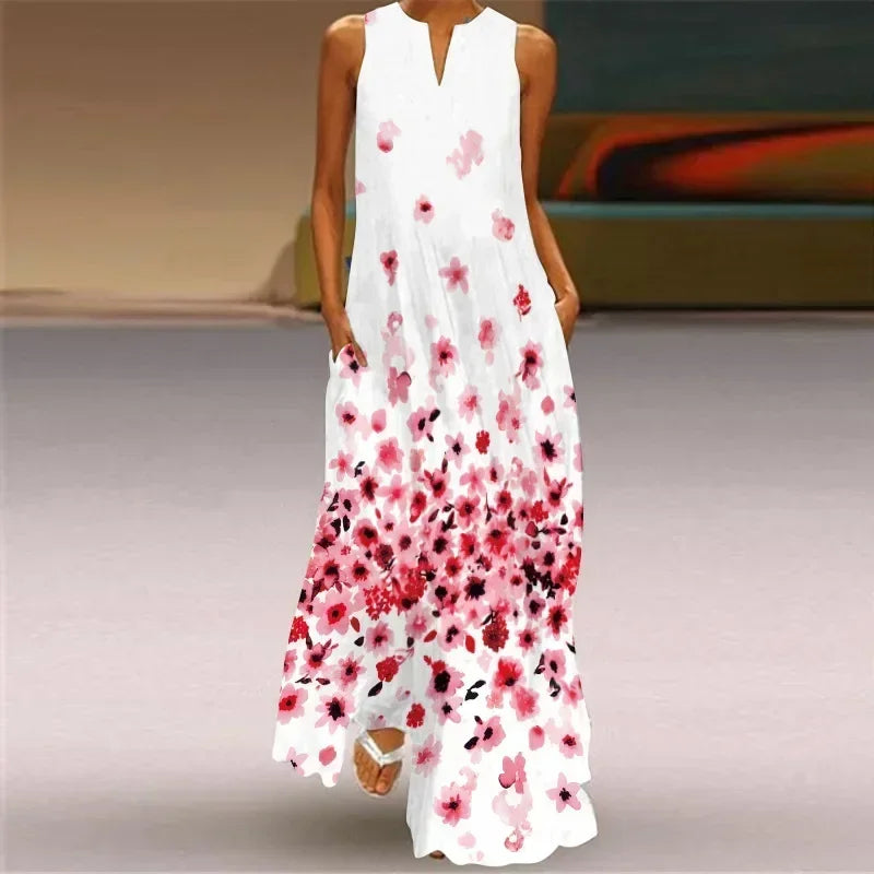 Vintage Maxi Pocket Loose Casual Print A-Line Dress