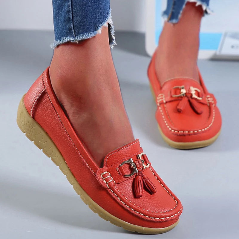 Genuine Leather Women Flats Fashion Casual Women Shoe Moccasins Shoes Woman Slip On Flat Shoes Black Ladies Shoes Plus Size