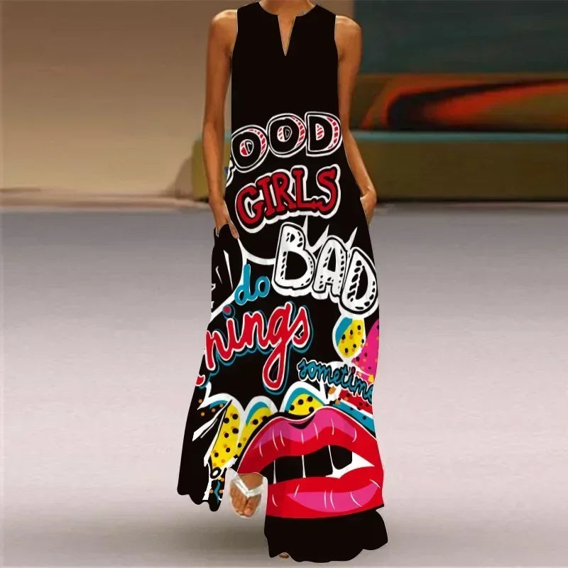 Vintage Maxi Pocket Loose Casual Print A-Line Dress