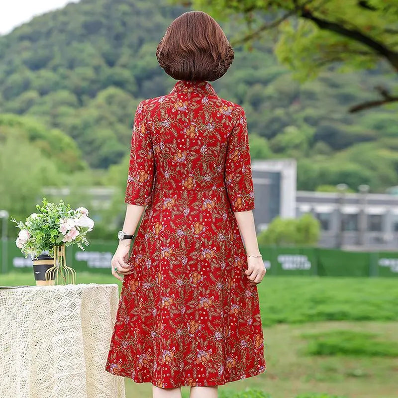 Mom's Temperament Floral Dress High-end Middle-aged and Elderly Women's Western-style Look Slim and Long Over the Knee Skirt