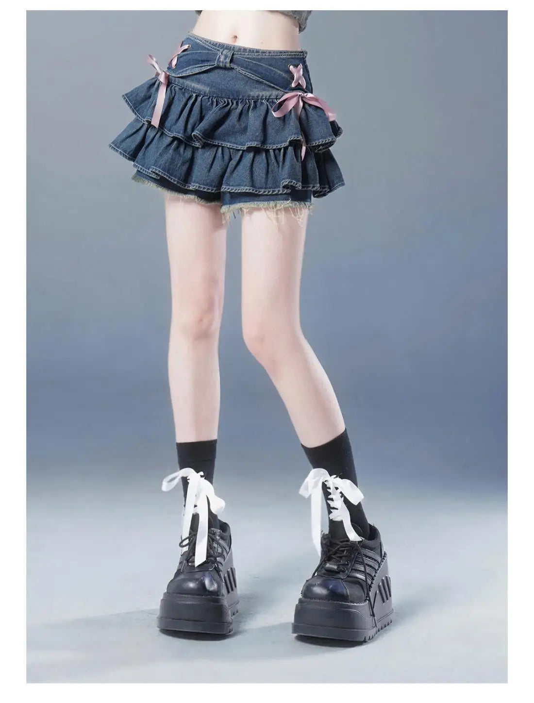 High-Waist A-Line Mini Denim Skirt with Bow Detail