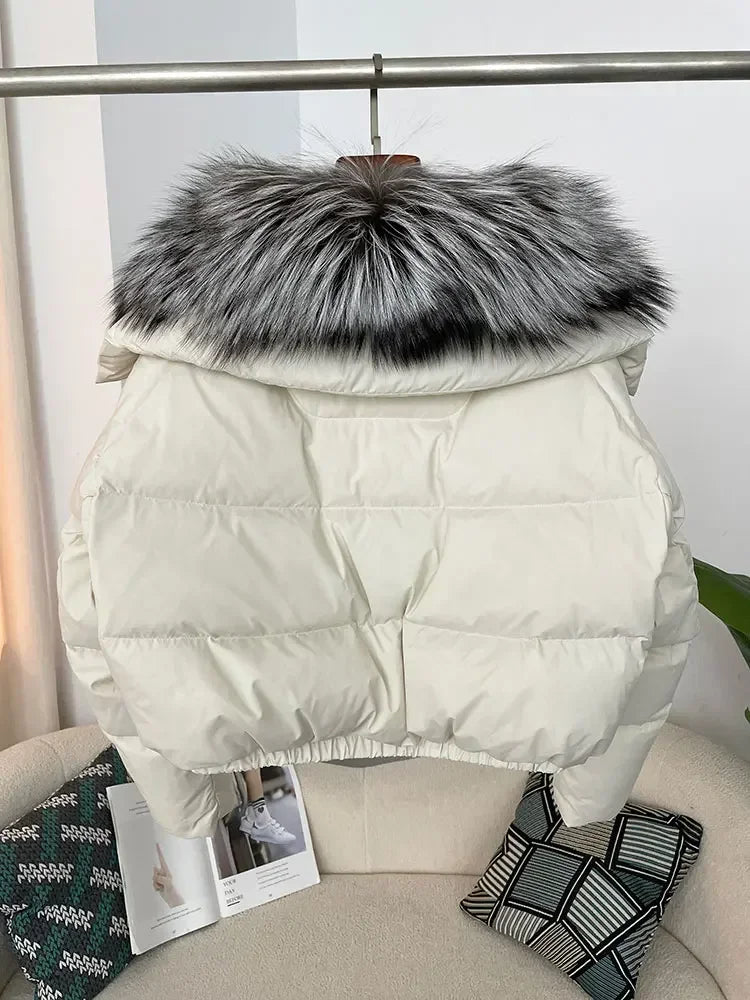 Luxury Women's Short Puffer Jacket with Natural Fox Fur Collar