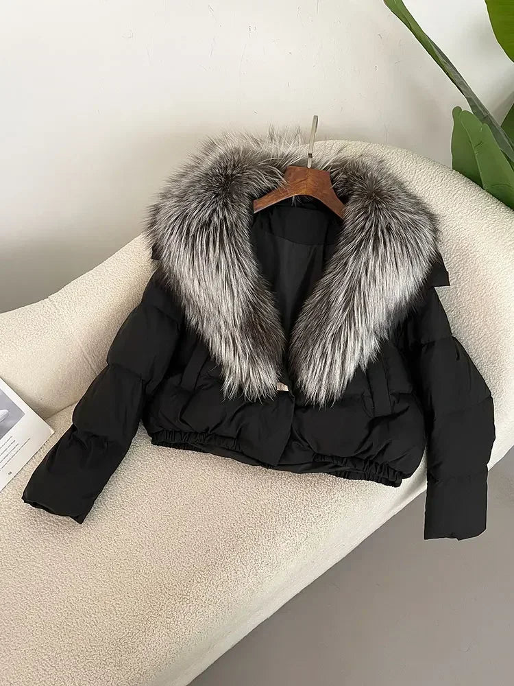Luxury Women's Short Puffer Jacket with Natural Fox Fur Collar