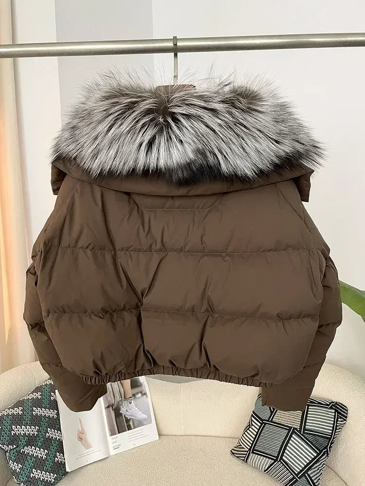 Luxury Women's Short Puffer Jacket with Natural Fox Fur Collar