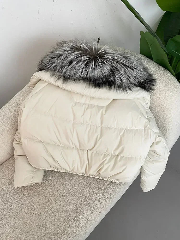 Luxury Women's Short Puffer Jacket with Natural Fox Fur Collar